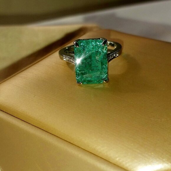 Aqua Zirconia Green Cushion Rectangle Crystal Stone Charm Ring - Picture 4 of 5